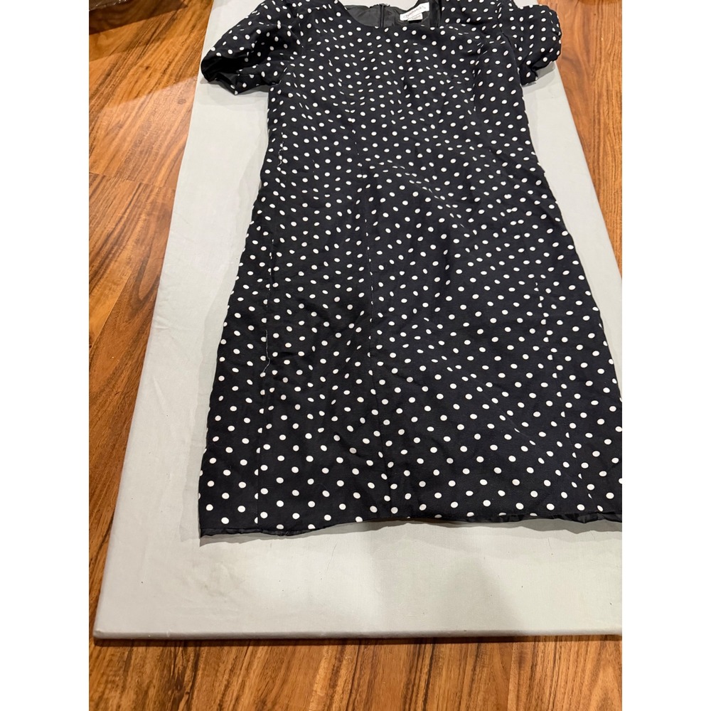 Retro Womens Chadwicks Polka Dot Linen Blend Sheath Dress 8 Black White